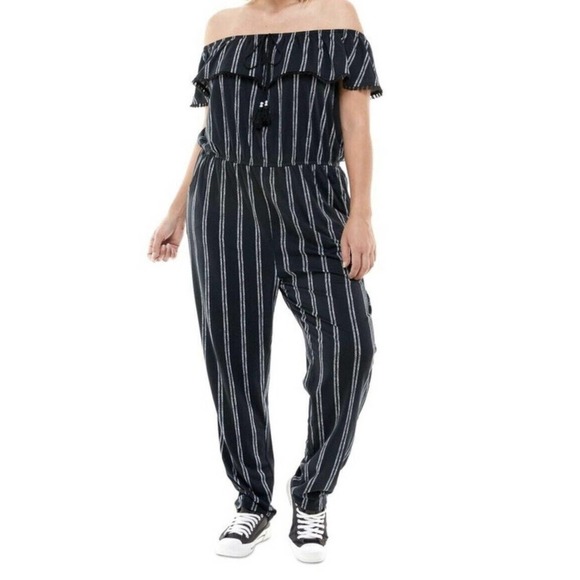 PLANET GOLD Women’s Ruffle Striped off Shoulder Straight Leg Pantsuit Sz. 3X NWT - Picture 1 of 13